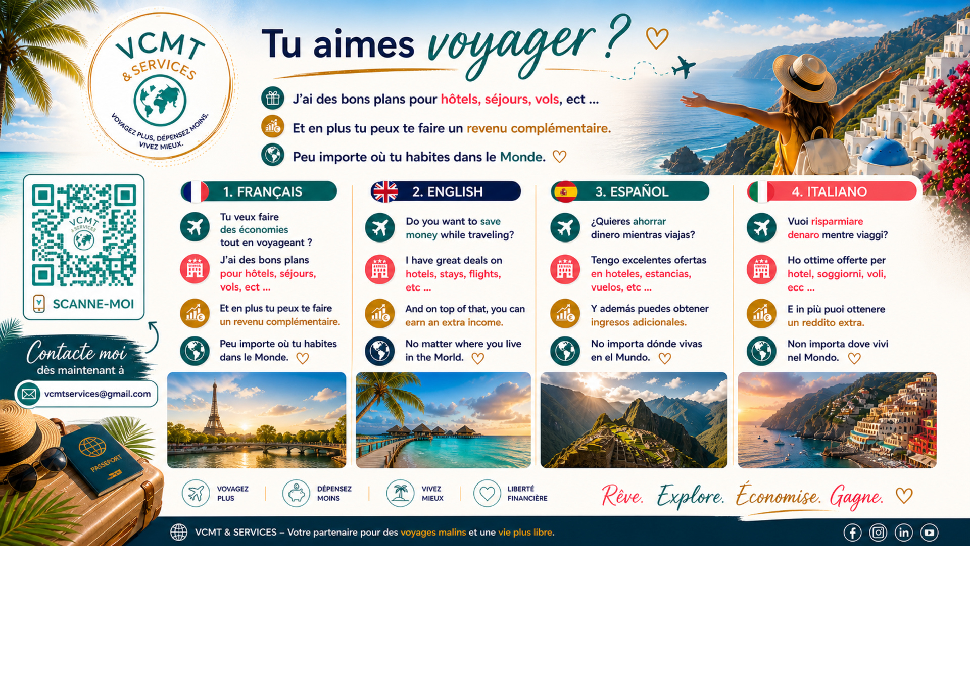 🌍✈️ Découvre le voyage comme tu ne l’as jamais imaginé. Grâce à une plateforme privée, qui te permet de : • Voyager à des prix incroyables • Accéder à des offres exclusives • Une communauté internationale de voyageurs • Et même créer une activité autour du voyage Si tu veux plus de liberté, plus d’aventures et plus de voyages… 👉Pour plus d'informations, contacte-moi en message privé. ✨ Ton prochain voyage commence ici.